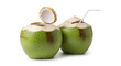 © ridho - Two fresh young coconuts with water drops, one opened and one with straw, isolated on white background, natural tropical drink concept.
