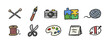 © liubomir118809 - Set of ten colorful hand-drawn doodle icons representing various hobbies like knitting, painting, photography, and sewing on a white background.