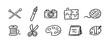 © liubomir118809 - Set of hand-drawn hobby and craft icons including knitting, painting, photography, and sewing. Minimalist black ink doodle style on white.