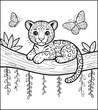 © Vect Village - Jungle animal in natural scene coloring page for kids, black line art vector illustration for children's activity book design