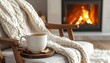 © Matthew - A cozy setting featuring a warm cup of tea resting on a wooden tray by a crackling fireplace