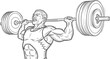 © Taha - Muscular weightlifter demonstrating intense effort while performing a heavy overhead barbell press lift in a powerful outline sketch style illustration suitable for fitness design.
