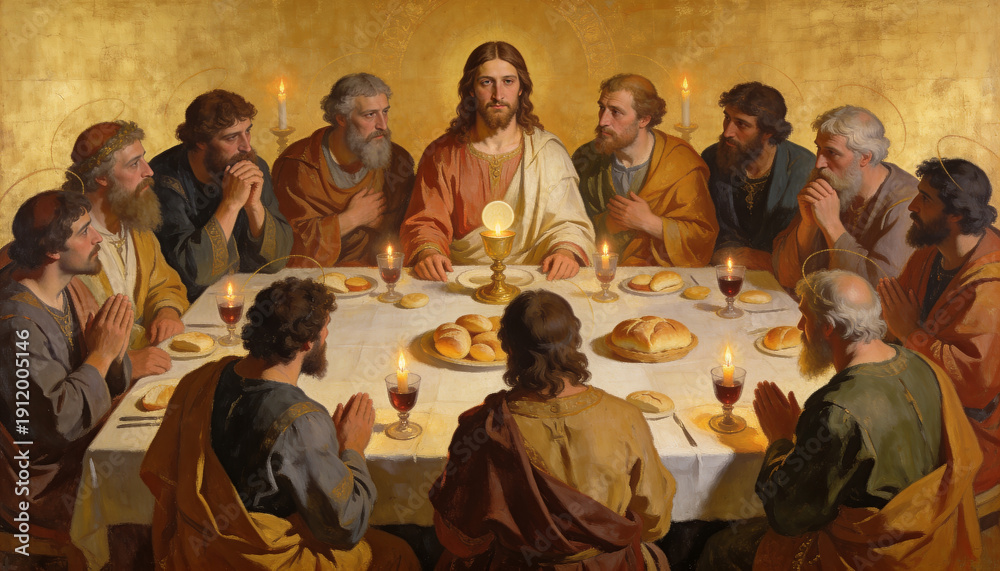 Jesus and his disciples gather around a table with bread, wine, and ...
