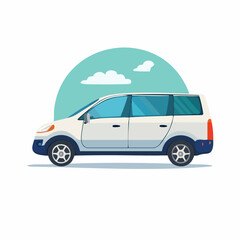  White Minivan Vehicle Graphic Illustration with Clouds.