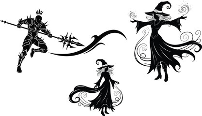  Silhouette dark knight and mystical witches casting magic spells in dramatic fantasy illustration isolated on white background epic gothic battle scene
