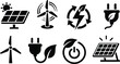 © Pixora - Clean renewable energy vector icon set with solar panels, wind turbines, recycling arrows, electric plug, power button and eco leaf symbols for sustainable technology design