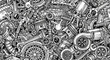 © Design - Monochrome vector illustration of a dense mechanical parts background, featuring pistons, wrenches, gears, and engine components in a detailed, hand-drawn style.