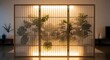© 彭若强 - Illuminated room divider with plant silhouettes behind translucent panels