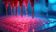 © Viktor - Liquid drops fall from scientific equipment into small wells. Automated laboratory process with red and blue light. Precision fluid dispensing for molecular analysis.