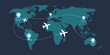 © AYAT - Top View World Map vector illustration with aircraft, flight paths, and destination pins, global logistics network concept, infographic and web banner design.