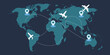 © AYAT - Top View World Map vector illustration with aircraft, flight paths, and destination pins, global logistics network concept, infographic and web banner design.