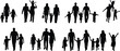 © MstLata - Black vector silhouette set of diverse families with parents and children walking together holding hands for community bonding parenting and happy family life designs,