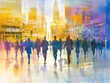 © Chantip - Watercolor silhouette commuters crossing glassy plaza with golden skyscrapers blurred behind poetic light mist vibrant reflections inspiring teamwork mood