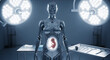 © Inspire Shots Hub - Shiny chrome woman-robot stands in medical room with fetus inside, representing future artificial reproduction, technology advancements, and science progress