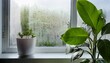 © Sara - selective focus on condensation on pvc window and white plastic window with a houseplant in the background concept of indoor plants and humidity