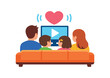 © Framezy - family sitting together couch with one shared screen and heart icon co watching routine . colored flat icon vector illustration