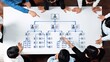 © InfiniteFlow - A group of diverse professionals engages in a strategic planning session, focusing on an organizational chart visualized on a conference table. Collaboration and leadership shine. Raster