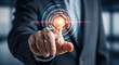 © DA_STOCK - Futuristic digital interface with businessman hand touching glowing HUD, virtual reality technology for business innovation, cyber security and data management