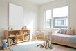© Stitch - A bright, sunlit children's room with a blank frame mockup, wooden furniture, and colorful Montessori toys.