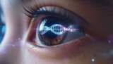 Human eye with glowing DNA helix reflection symbolizing genetic research and biotechnology.
