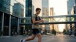 © Sabah - Athletic Young Man Jogging Through Modern City Street at Sunrise, Checking Smartwatch for Fitness Tracking Data while Wearing Running Backpack and Sporty Apparel in Urban Business District.