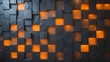 © Julian - Interior wall design idea. An abstract modern three dimensional wall pattern made of extruded dark gray and glowing orange square tiles creates a dynamic geometric backdrop