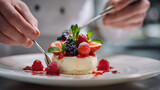 <Indulgent Raspberry and Berry Cheesecake Dessert: Elegant Plating and Culinary Artistry in Fine Dining Food Photography>