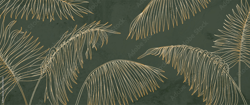 Luxurious tropical art background with golden palm leaves in a line ...