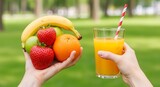 Fresh fruit assortment and vibrant juice for healthy lifestyle concept