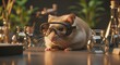 © designdio - Cute hamster wearing miniature safety goggles in a lab. Funny animal education and science safety. Rodent sitting among glass flasks and beakers on a workbench