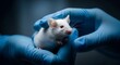 © designdio - White mouse being handled by research staff. Laboratory safety and experimental protocol. Blue gloved hands gently supporting a small white rodent for observation and testing