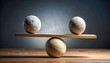 © EPDICAY - Creative balance and comparison concept with stone spheres on a wooden lever, symbolizing decision making, justice, and stability.