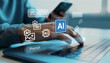 © SENAVART - Man typing command in AI prompt bar on laptop. Multimodal artificial intelligence interface for generating image, code, audio, and text content.