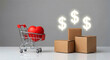 © Imagin  - Miniature Shopping Cart with Red Heart and Cardboard Boxes with Glowing Dollar Signs