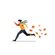 © Rosi - Dynamic Vector Illustration of Person Running in Autumn Wind with Scarf and Falling Leaves.