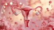 © IrisFocus - Medical illustration of female reproductive system uterus and ovaries in pink dreamscape