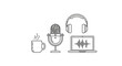 © Junih - Podcast Recording Setup: Microphone, Headphones, Laptop with Sound Wave, and Coffee Mug