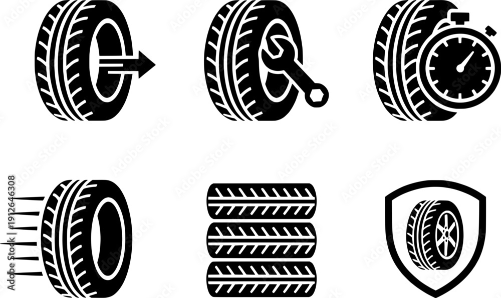 Car tire service and maintenance icon set featuring tire pressure ...