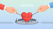 © biru - Two hands manipulate a heart suspended above a trap, symbolizing deception