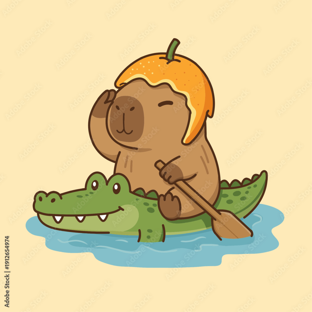 Whimsical vector illustration of a cheerful capybara riding a crocodile ...