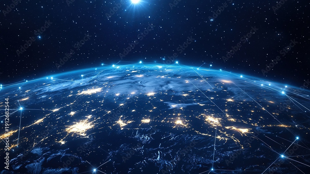 Dark blue background earth globe at center glowing lines global network ...