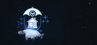 © ImageFlow - Home insurance protection concept with digital umbrella and house icon above an open hand on futuristic dark blue background with glowing effects.