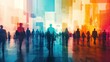 © istia - A crowd of people walking in an abstract city with colorful background.