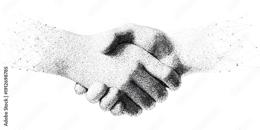 Black and white illustration of two hands shaking in a stippled style ...