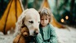© Pinklife - A tender moment of a young child hugging a golden retriever dog, capturing the essence of companionship, love, and the joy found in the relationship between pets and children.