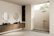 © ImageFlow - Modern minimal bathroom interior with wood vanity, round mirrors, and open-air shower design in serene neutral tones. 3D Rendering
