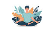 © Tarek - Calm man sitting in a lotus position and meditating peacefully while surrounded by various tropical green and yellow leaves.