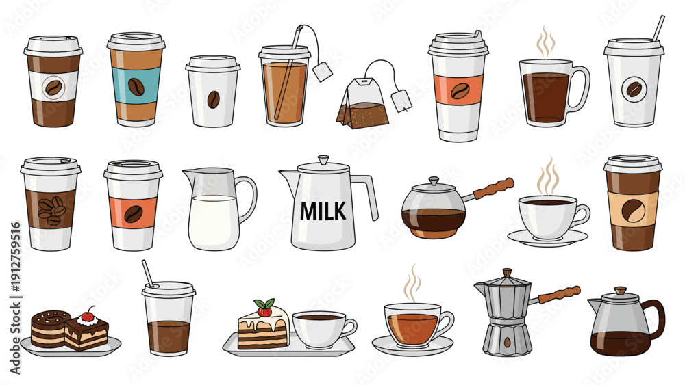 Large collection of various coffee and tea icons including takeaway ...