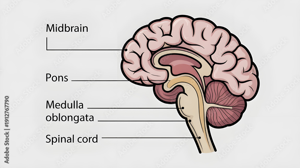 Brainstem anatomy close-up, midbrain pons medulla visible, connection