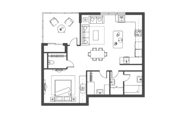 Naklejka na meble Architectural Residential One-Bedroom Apartment Floor Plan Layout in Top View Featuring Open Plan Living Room, Large Kitchen with Island, Master Suite, Walk-in Closet, and Outdoor Patio CAD Blueprint.